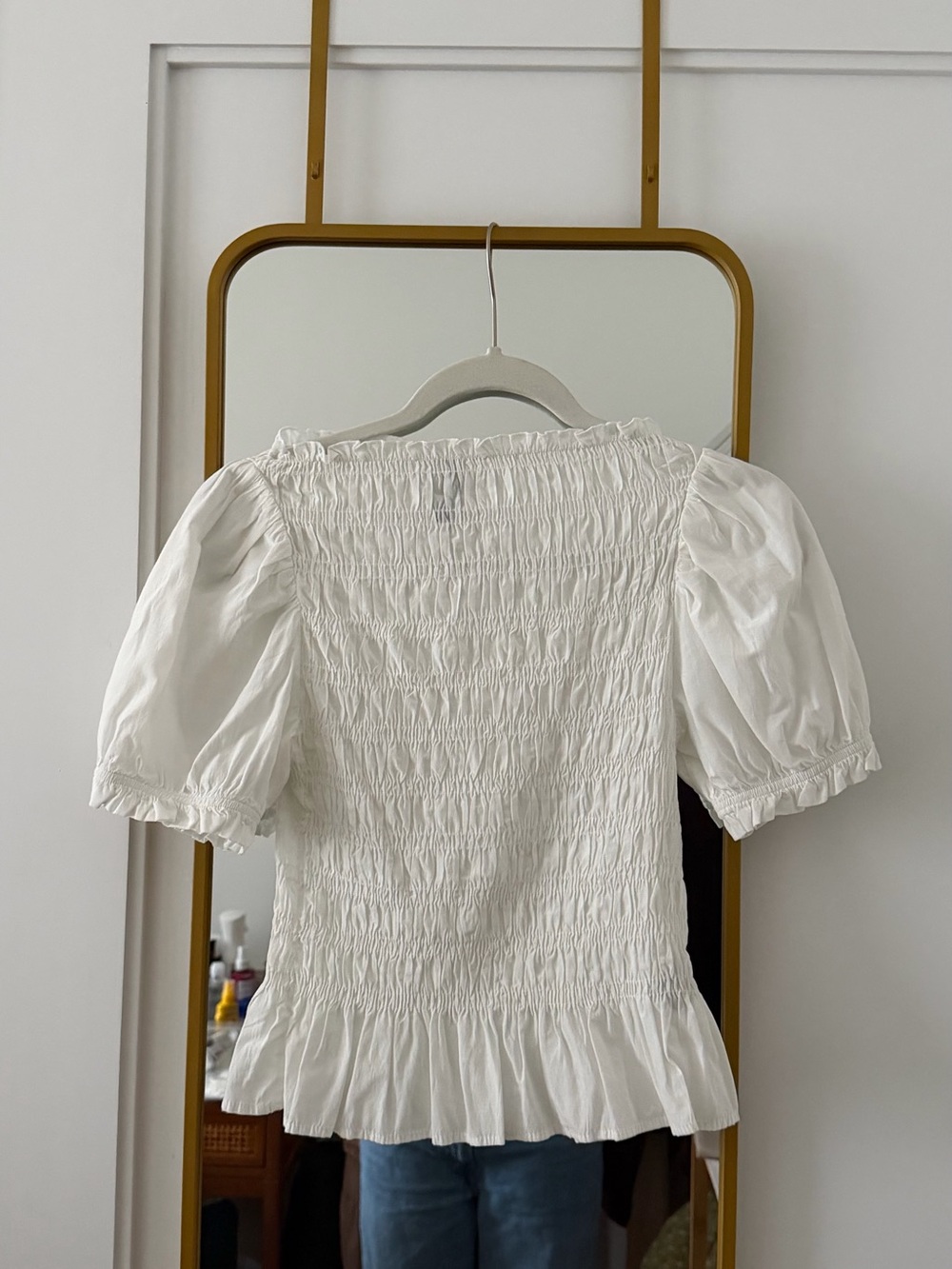 H&M White Smocked Puff-Sleeve Blouse